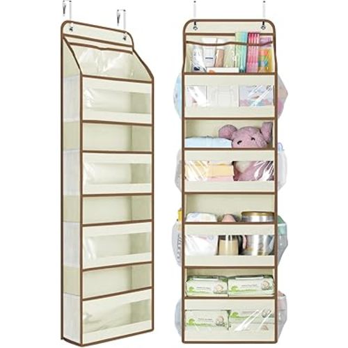 Yecaye 5 Tier Over the Door Organizer, Swing-proof Door Organizer Hanging with Clear PVC Windows, Behind the Door Storage for Bedroom Nursery Closet Laundry Pantry Bathroom, Beige