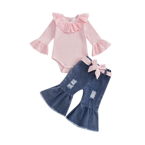 Loicainy Baby Toddler Girls 2 Piece Outfits 3 6 9 12 18 Months Ruffle Long Sleeves Romper and Ripped Denim Flare Pants Fall Clothes Set