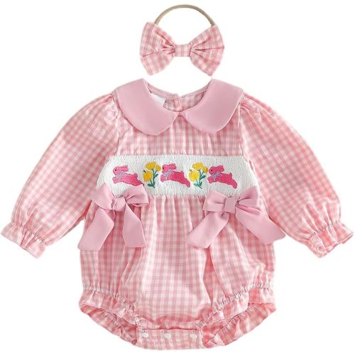 Engofs Baby Girl Halloween Outfit Long Sleeve Pumpkin Smocked Plaid Romper Fall Winter Clothes