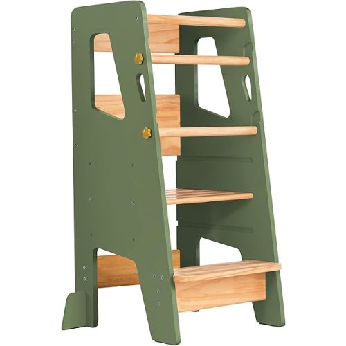 OCODILE Toddler Standing Tower - Adjustable Height Toddler Kitchen Stool Helper - Ideal Kids Kitchen Step Stool for Learning New Skills - Extra Secure with Safety Feet - Green