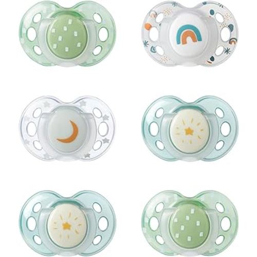 Tommee Tippee Chupete nocturno, 18-36 meses, bolsa de silicona simétrica, sin BPA, tecnología que brilla en la oscuridad, arcoíris verde, paquete de 6