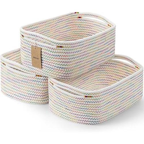 3-Pcs Shelf Baskets for Organizing, Closet Organizer Bins, Small Woven Baskets, Rope Toy Basket, Storage Basket for Shelves, Cube Decorative Box, 11.8×7.8×5.1”, Rainbow