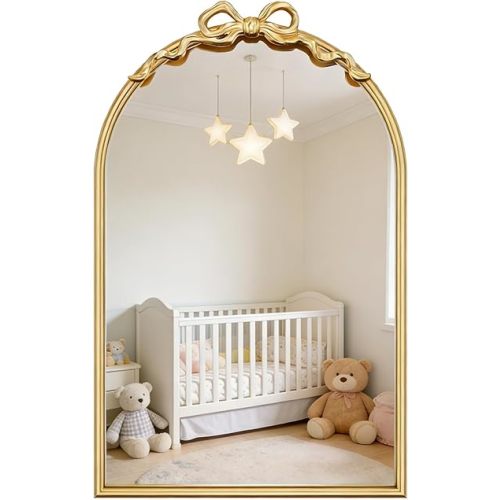 PERHOM Gold Bow Mirror for Wall Decor, 16"x25" Arched Bow Mirror for Nursery,Antique Baroque Bow Decor for Home Dressing Table Entryway Bathroom Hallway Living Room