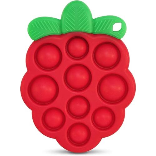RaZbaby RaZberry Pop Strawberry Teether – Multi-Textured Silicone for Sensory Development & Teething Relief – Easy to Hold for Small Hands – Soft BPA-Free Design for Babies 3 Months+, Red/Green