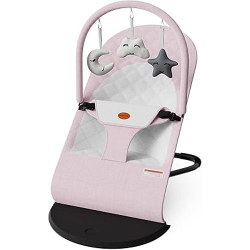Portable Baby Bouncer Seat for Infants, 0-18 Months, 3 Modes of Use with Rocker & Stationary Options, Ergonomic Infant Chair with Hanging Toys,Pink