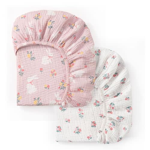 david's kids Muslin Crib Sheets for Girls, 2 Pack 100% Cotton Soft Breathable Fitted Baby Sheet Set, Standard 52"x28" Crib and Toddler Mattress, Rabbit