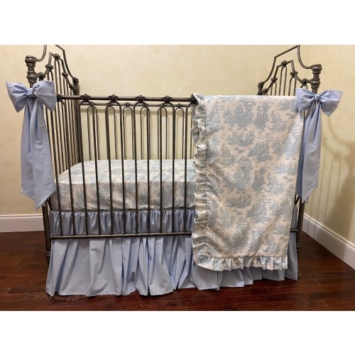 Baby Boy Crib Bedding, Blue Toile, Light Pale Blue Crib Skirt, Blanket, Crib Bows