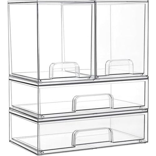 Vtopmart Stackable Storage Drawers Set of 4,Clear Plastic Organizer Bins for Makeup, Cosmetics, Beauty Supplies,Ideal for Vanity, Bathroom,Cabinet,Pantry Organization