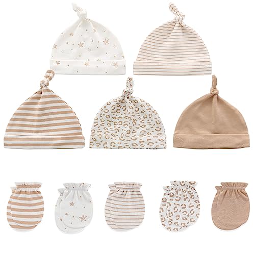 MAMIMAKA Baby Hat and Mittens Set Newborn Baby Hats Caps for Baby Boys Girls 0-6 Months 100% Cotton