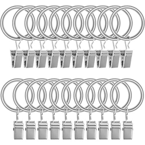 Lansian 20pcs Rustproof Drapery Matte Stainless Steel Metal Curtain Rings with Clips,Tension Curtain Hangers Clips, Decorative Curtain Rod Window, Matte Silver (1" Interior Diameter)