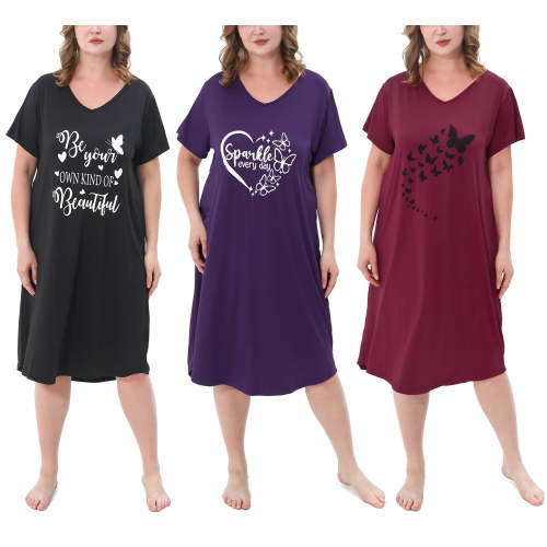 FEREMO 3 Pack Nightgowns for Women Plus Size V Neck Printed Sleepwear Loose Comfy Night Gown