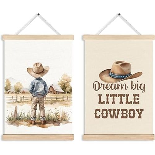 RYVJU Cowboy Nursery Wall Art Poster Hanger Frame, Western Nursery Decor Boy, Dream Big Little Cowboy Wall Decor Canvas Prints for Baby Little Boy Kids Bedroom Playroom, 12x16 In Set of 2