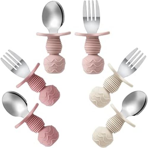 PandaEar 6 Pack Stainless Steel Toddler Spoons and Fork Feeding Set - Anti-Choke First Self Feeding Utensils for Kids Baby Girls Led Weaning Ages 18 Months+ (Pink/Beige)