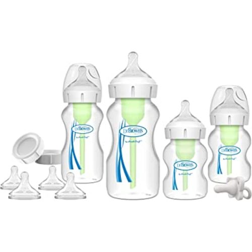 Dr. Brown's Natural Flow® Anti-Colic Options+™ Wide-Neck Bottle Essentials Gift Set with Breast-Like Nipple,100% Silicone HappyPaci™ Pacifier and Baby Bottle Travel Caps