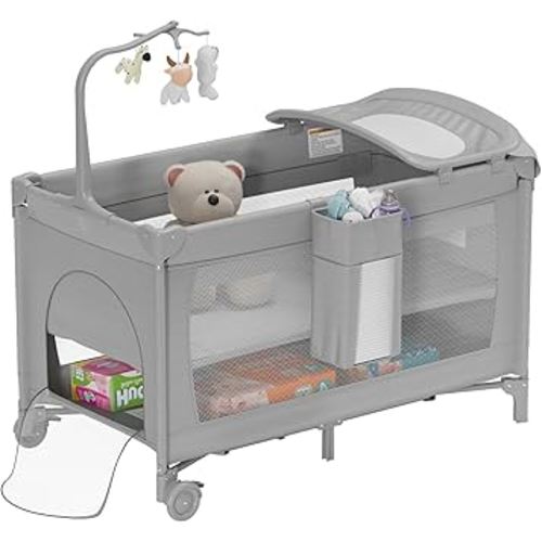 Large Pack and Play, Baby Bed Portable Crib with Diaper Changing Table Mattress Hanging Toys & Decor, Travel Bassinet Bedside Sleeper Playard from Newborn to Toddlers