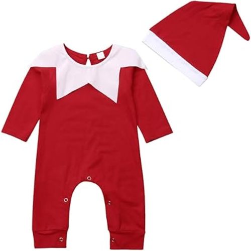 Newborn Baby Boy Girl Christmas Outfit Elf Costume with Hat Toddler Infant Long Sleeve Romper Onesie