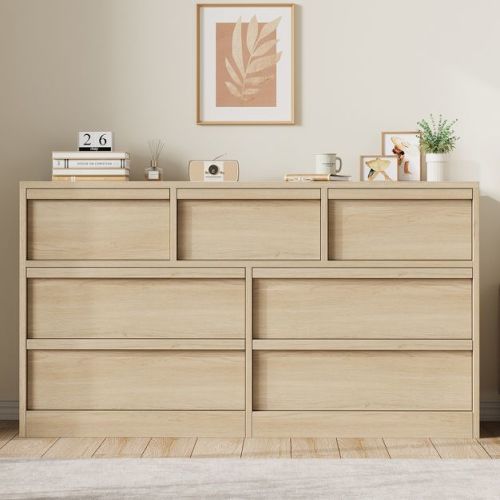 Garvee 7 Drawer Dresser for Bedroom, Natural Double Dresser Organizer with Concave Handles, Modern Chest of Drawers for Bedroom, Living Room, Nursery