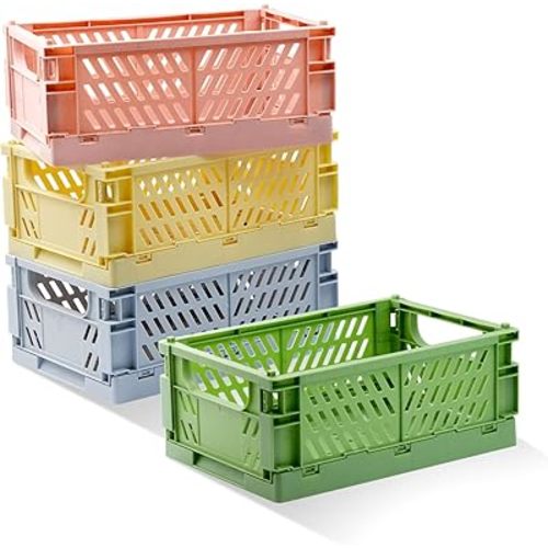 Xhwykzz 4 Pack Pastel Crates for Storage, Plastic Folding Basket, Colorful Small Storage Containers for Bedroom Office Classroom Bathroom Desktop Drawer Organizer Decor (9.8x6.5x3.8inch)