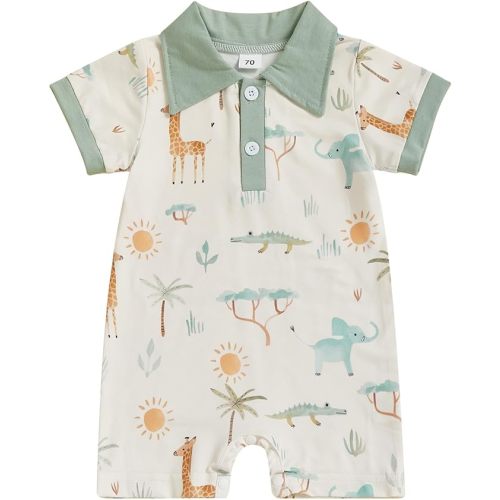 Baby Boy Summer Romper Golf Embroidered Contrast Color Button Collared Short Sleeve Infant Jumpsuit
