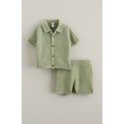 Short Sleeve Knit Button-Up Shirt & Shorts Set, 6M
