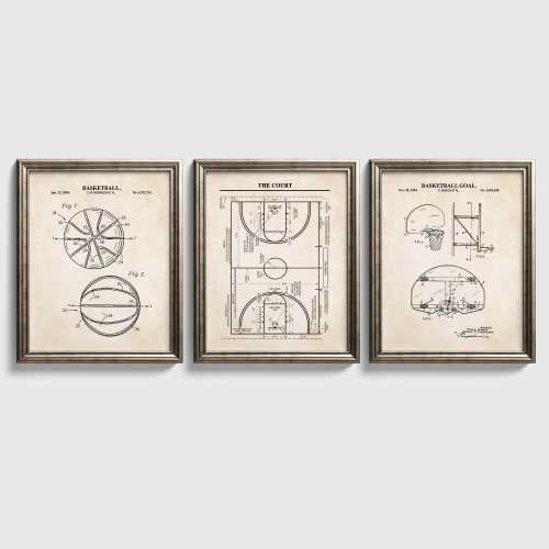 Basketball Patent Wall Art Set | Basketball, Hoop and Court | Ready to Frame Prints