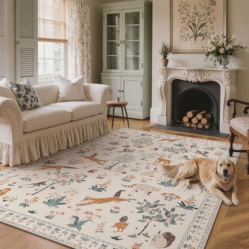 BESBLEE 8x10 Area Rug Machine Washable, Animal Print Floral Low Pile Carpet, Non-Slip Non-Shedding Pet Friendly Rug for Living Room Playroom Nursery Bedroom Dining Room, Beige