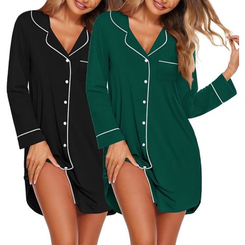Ekouaer 2 Pack Nightgowns for Women Long Sleeve Night Shirt Button Down Sleep Shirt V-Neck Sleep Dress Pajama Sleepwear