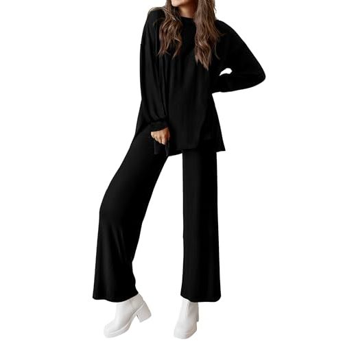 PRETTYGARDEN Womens 2 Piece Outfits Crewneck Long Sleeve Pullover Tops Wide Leg Long Pants Casual Lounge Set Travel Tracksuit