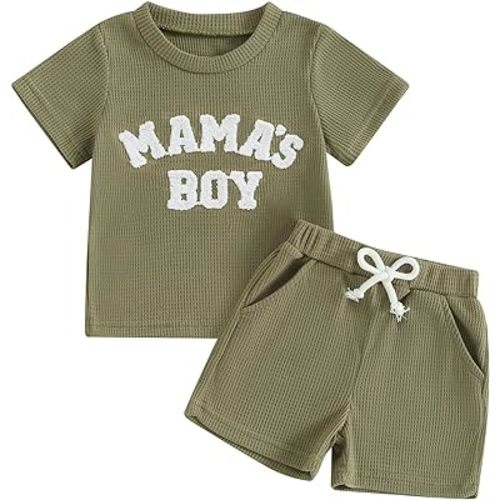 Kupretty Toddler Baby Boy Summer Clothes Embroiderey Waffle Knit Short Sleeve T-Shirt Tees + Casual Shorts Cute Clothing Set