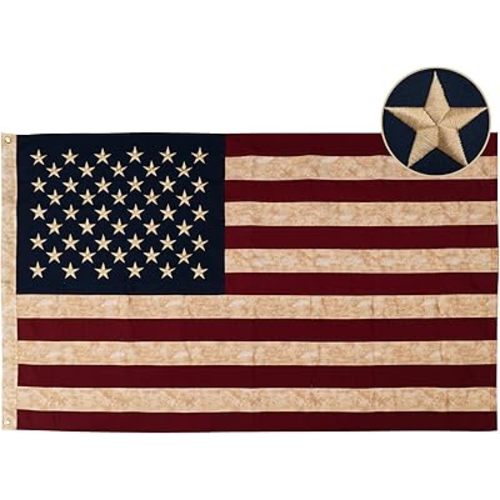 JRED 100% Cotton Vintage American Flags for Outside 3x5 FT Tea Stained US Flag Heavy Duty Outdoor USA Fade Resistant Embroidered Stars Sewn Stripes, Brass Grommets