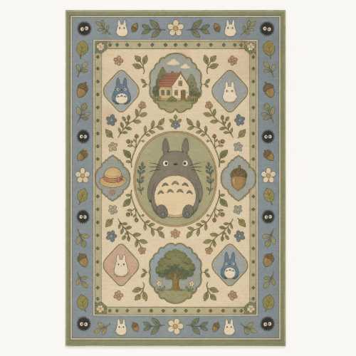 Forest Guardian Kids Rug, Anime Botanical Panel Cottage Print, Nursery Decor