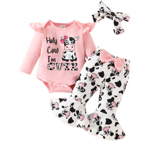 WIBACKER Holy Cow I'm Cute Newborn Outfit Baby Girl Going Home Outfits Ruffle Ribbed Romper Top Floral Pants Set Fall Winter Clothes