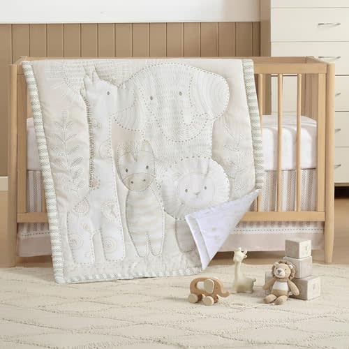 The Hōmistry 3-Piece Crib Bedding Set for Boys & Girls – Reversible Quilt, Fitted Sheet, Crib Skirt – Soft, Breathable & Durable Microfiber – Delicate Jungle Theme