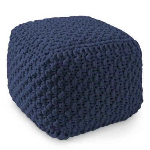 Casafield Square Pouf Ottoman, Navy Blue - 18.5" W x 18.5" D x 14.5" H Cotton Knit Foot Stool - Boho Floor Pouffe for Living Room