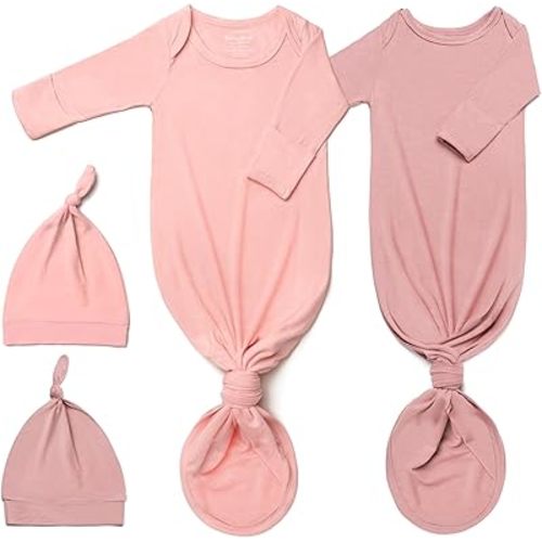 2Pack Knotted Gown Baby, Super Soft Long Sleeve Newborn Hospital Outfit Boy Girl Coming Home, Built-In Mittens Clothes