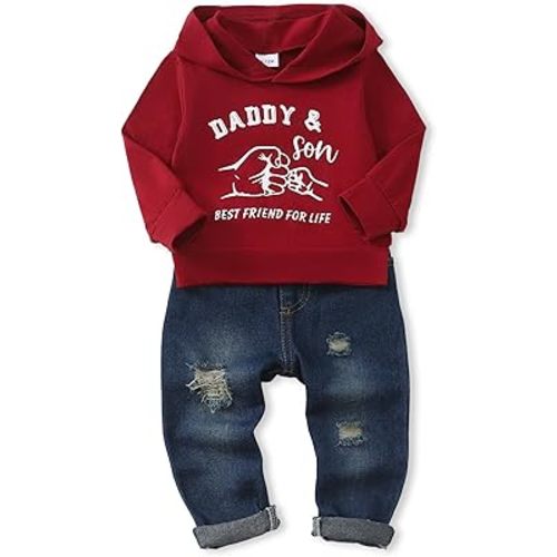 NZRVAWS Baby Boy Clothes Toddler Boy Outfit 2 3 4T 6 12 18 24 Month Fall Winter Hoodie Ripped Jeans Clothing