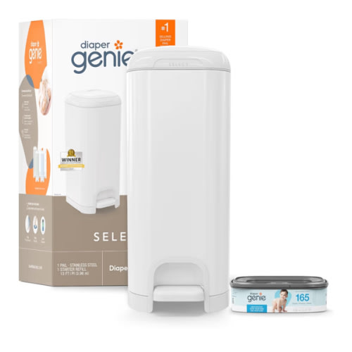 Diaper Genie Select Pail is Made of Durable Stainless Steel and Includes 1 Starter Square Refill That can Hold up to 165 Newborn-Sized Diapers.