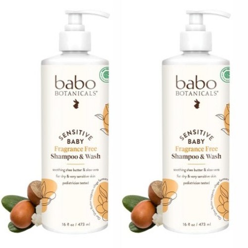 Babo Botanicals Sensitive Baby Fragrance Free Shampoo & Wash | Shea Butter, Calendula & Aloe Vera -Cruelty-Free 16 oz