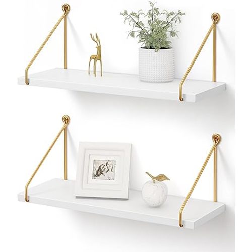 Afuly Floating Shelves for Wall, Metallic Gold White Wall Mounted Shelves, Shelves for Bathroom Kitchen Bedroom Solid Wood Metal Chic Bookshelf, Set of 2