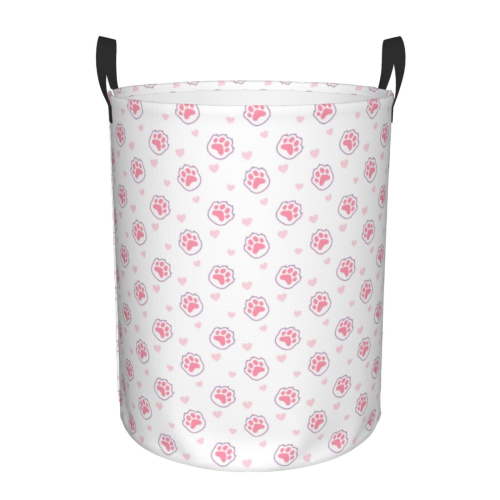 Honeii Animal Pink Color Paw Print Laundry Hamper Basket,Baby Nursery Woven Storage Basket for Toys Bin,Pillows,Blankets,Clothes-Medium