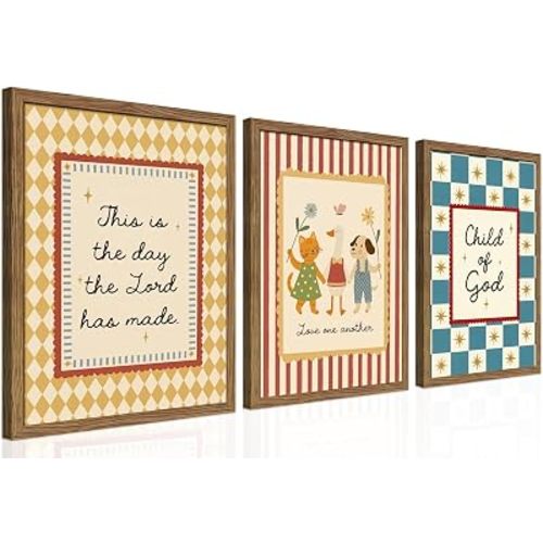Christian Nursery Wall Art Set of 3, Vintage Bible Verse Kids Canvas Wall Decor Paintings, Child of God Religious Scripture Artwork Prints Pictures for Baby Kids Bedroom Playroom 12x16 Inch Framed