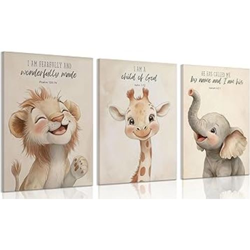 3Pcs Bible Verses Christian Nursery Safari Animals Canvas Wall Art Child of God Cute Animals Picture Wall Decor Lion Giraffe Elephant Poster Print Artwork for Kids Boys Girls Room Home Decoration