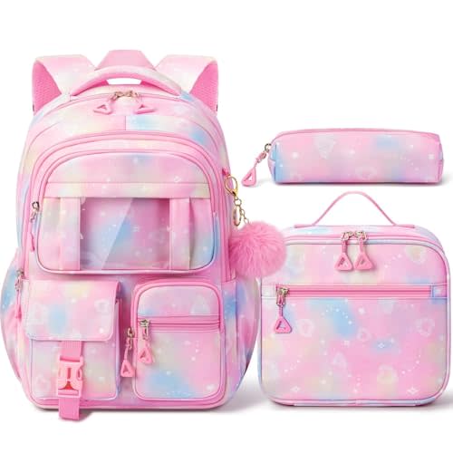 Fimibuke Kids Backpack for School Girls, 3Pcs Waterproof Girls Backpack with Lunch Box & Pencil Pouch - Lightweight Pink Bookbag for Ages 6+ Elementary Middle School Teens