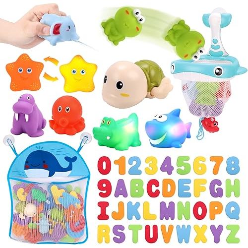 KaeKid Baby Bath Toys, Bath Baby Toy for 1-3 3-5 Year Old Toddlers Boy Girl, Toys Gift for Kids, Bathtub Toy 18 Months+, Foam Bath Letter&Water Spray Discoloration Light-Up Floating Animal&Storage Bag