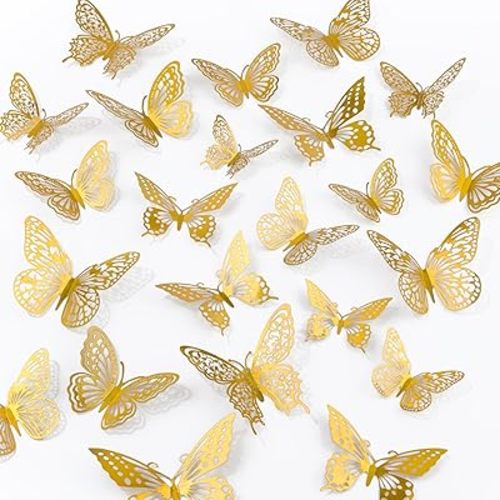 Phuryllic Butterfly Wall Decor, 48pcs 3D Butterfly Stickers in 3 Sizes & 4 Styles for Balloon Arch & Cake Decorations, Cute Decals for Girls Room & Birthday Party, Laser Pink