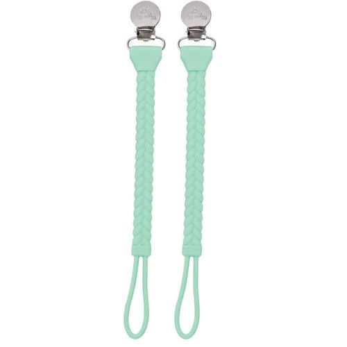 Itzy Ritzy Silicone Pacifier Clip; 100% Silicone Pacifier Strap with Clip Keeps Pacifiers, Teethers & Small Toys in Place; Features Cute Braid Detailing & Silicone Cord, Mint with Silver Clip