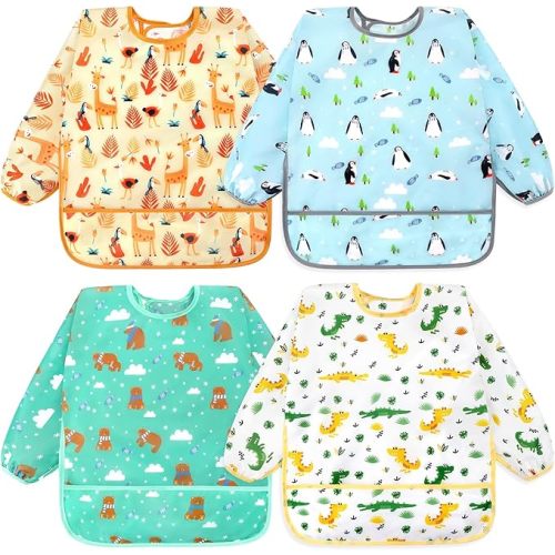 Accmor 4 Pack Long Sleeve Bibs, Baby Smock Waterproof Sleeved Bib Smock for Baby Toddler 6-36 Months