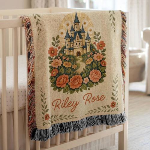 Personalized Fairytale Castle Baby Blanket, Princess Nursery Woven Blanket, Custom Baby Name Blanket, Storybook Floral Castle Nursery Decor
