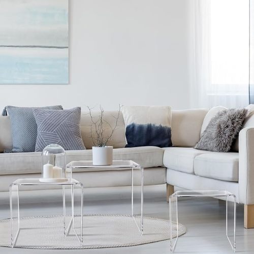 Barydat Set of 3 Nesting Tables Transparent Acrylic Side Table Round Corner