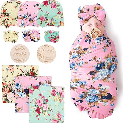BQUBO Floral Swaddles for Baby Girl Newborn Receiving Blanket with Bow Hat Mittens Wooden Birth Announcement Card Set Baby Floral Print Swaddle Nursery Swaddle Wrap